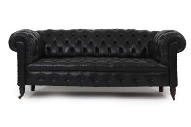 Divano chesterfield club 3 posti antico inglese originale in pelle nera