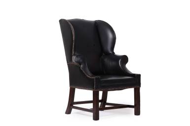 Antica coppia di poltrone wing back o bergere inglese originale in pelle nera