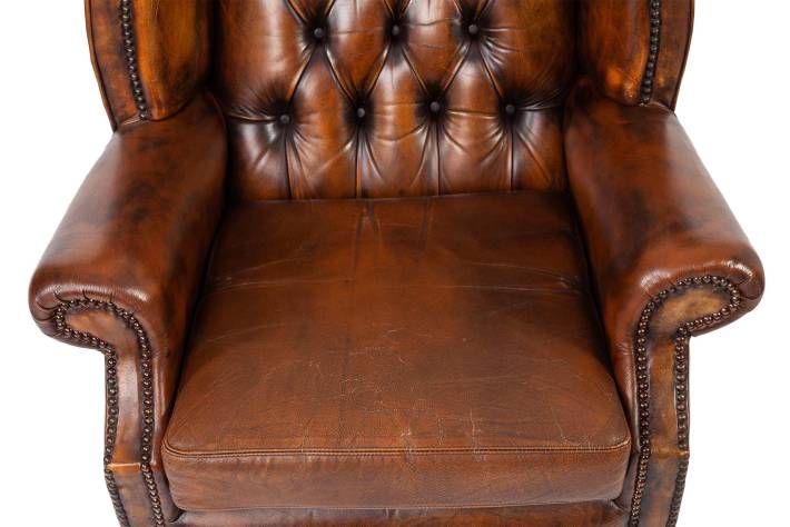 Poltrona chesterfield Queen Anne inglese originale vintage in cuoio cognac