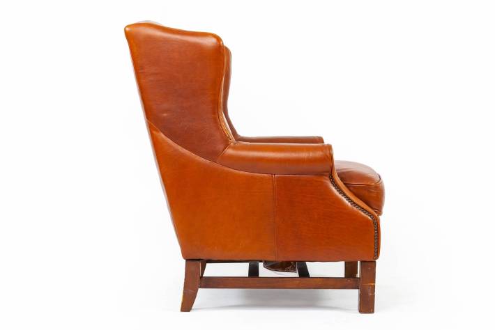 Poltrona inglese bergere in cuoio cognac vintage