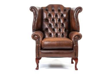 Poltrona chesterfield Queen Anne inglese originale vintage in cuoio