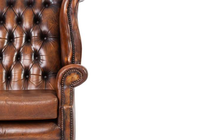 Poltrona chesterfield Queen Anne inglese originale vintage in cuoio cognac