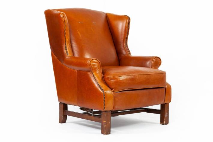 Poltrona inglese bergere in cuoio cognac vintage