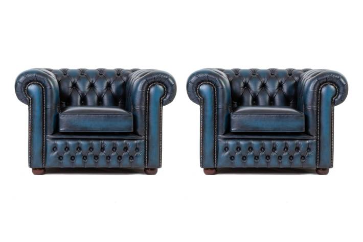 Coppia di poltrone chesterfield club vintage originale inglese blu petrolio