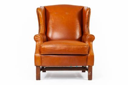 Poltrona inglese bergere in cuoio cognac vintage 