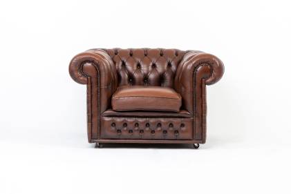 Poltrona chesterfield club inglese originale vintage in pelle marrone 